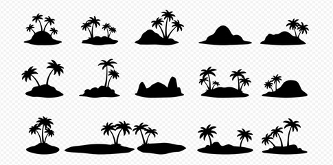 Collection of tropical island silhouettes; various palm tree and landmass shapes.