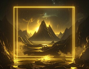 Mountains and rivers with golden lines and light contrasting with the darkness. Decorated with bright gold square lines.