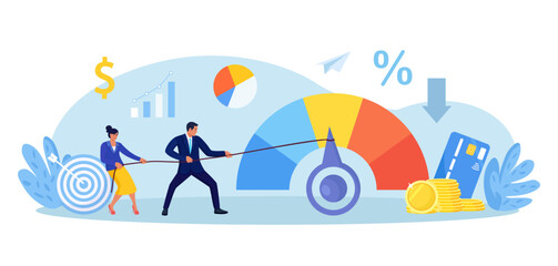Team pulls a credit score meter toward the green. Interest rate drops and spending power rises. Loan rating scale with levels from poor to excellent. Businessman pushing skill performance gauge.