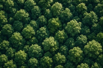 Naklejka premium Lush green forest canopy from aerial view under soft sunlight creating abstract natural background and peaceful environment feel. Ai generative