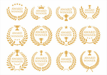 Fototapeta na wymiar Gold award badges with laurel wreaths, five stars, crowns and trophies symbols. Golden award winner emblems 