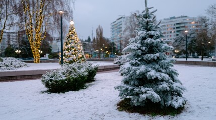 Winter wonderland scene with snow-covered trees in urban park.