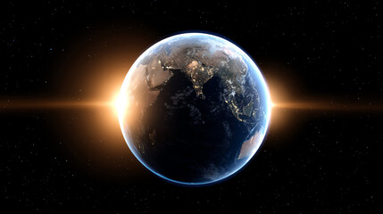 Obraz premium A stunning view of Earth from space, showcasing the vibrant colors and patterns of the continents and oceans with a glowing sunrise.