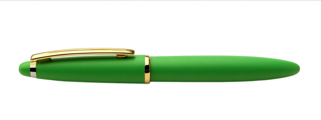 Photo of a green pen isolated on a white background with no shadows or reflections The ink is vivid and bright against the matte surface of its body There is