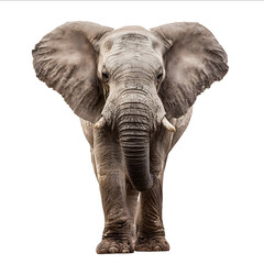Photograph of an African elephant standing and looking at the camera isolated against a white background
