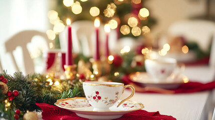 Fototapeta premium A Festive Christmas Table Setting with Cozy Ambiance, Perfect for a Special Gathering.