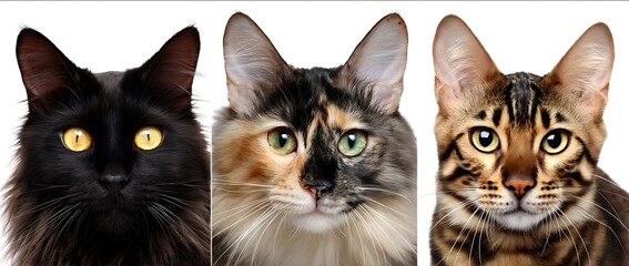 Realistic photograph of three cats one black cat with yellow eyes and brown fur another calico cat and a third Bengal cat all isolated on a white background