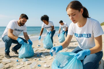 Group of volunteers cleaning beach litter on sunny day wearing gloves and white t-shirts with blue text, promoting environmental responsibility. Ai generative