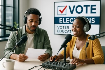 Two podcast hosts discuss voter education and elections in a studio with microphones and headphones on a bright background during recording session. Ai generative
