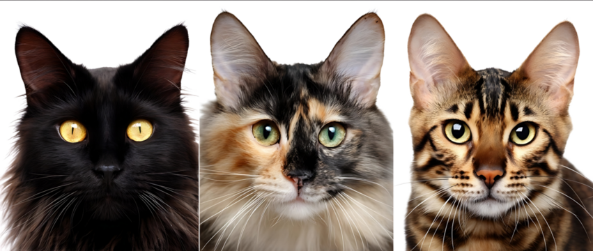 Realistic photograph of three cats one black cat with yellow eyes and brown fur another calico cat and a third Bengal cat all isolated on a white background