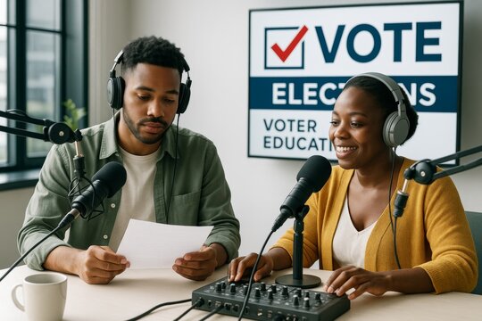 Two podcast hosts discuss voter education and elections in a studio with microphones and headphones on a bright background during recording session. Ai generative