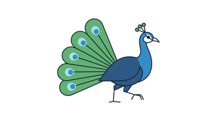 Cartoon Peacock Illustration with Blue Body and Green Fanned Tail.