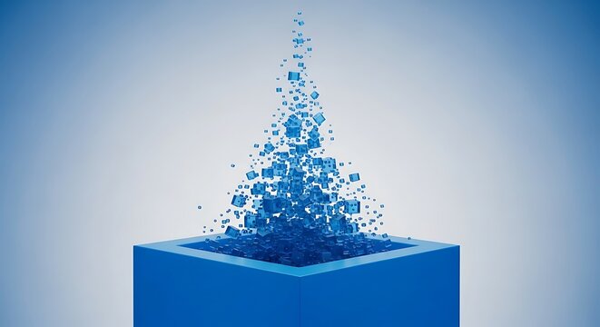 Blue cubes exploding from a blue cube base against a light blue background