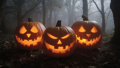 Spooky carved pumpkins glow in a misty forest setting, perfect for Halloween vibes.