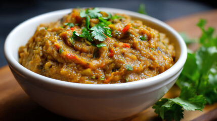 A vibrant bowl of flavorful dish garnished with fresh herbs, perfect for showcasing traditional or contemporary cuisine.