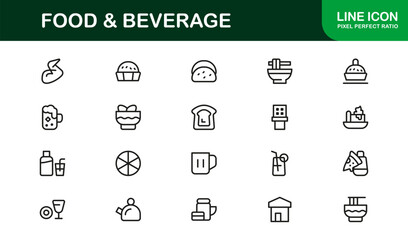 Food Beverage Line Icon Set – Professional Minimal Outline Icons for Culinary, Restaurant, and Drink Modern Vector Collection