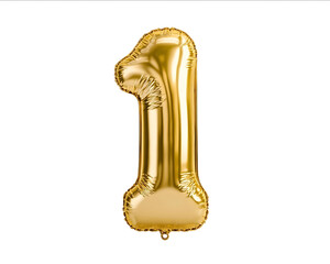 Fototapeta premium A golden number 1 balloon isolated on a white background in the front view