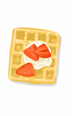 Delicious Waffle with cream and strawberry sliced for breakfast. Morning food