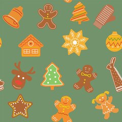 Seamless pattern with gingerbread cookies Christmas background for festive designs Vector illustration