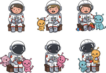 Cute Cartoon Astronauts with Alien Pets, Kids in Space Suits Playing with Colorful Friendly Monsters, Fun Space Adventure Illustrations