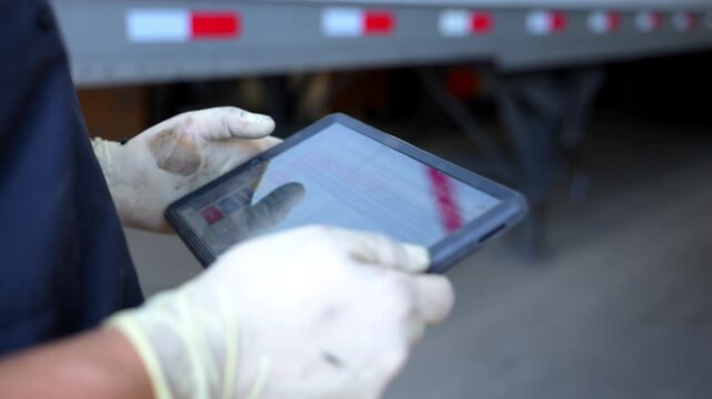 Mechanic diagnosing equipment with special software on the tablet in the truck repair workshop.