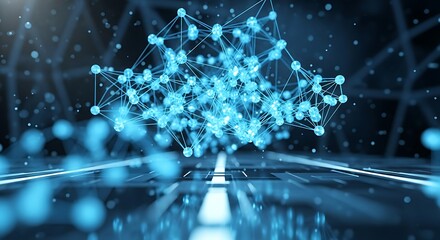 Abstract blue network of glowing nodes and lines in a futuristic digital tunnel