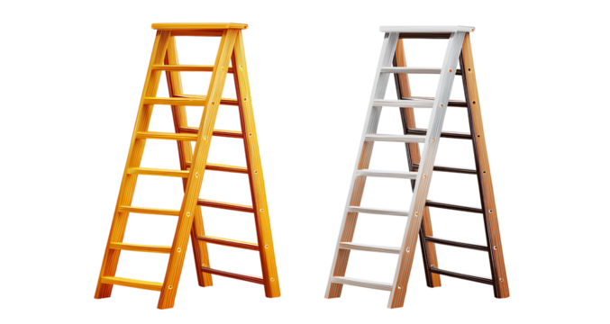 ladders, one wooden and the other plastic, with a transparent background