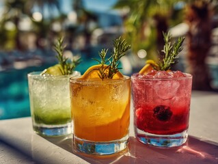 Three tropical cocktails with ice and rosemary garnish at poolside outdoor bar, sunlight highlighting vibrant colors and textures, palm trees in background, close-up shot.