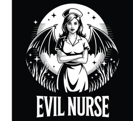 Obraz premium Evil nurse with bat wings standing under full moon in black and white isolated horror vector t-shirt design illustration