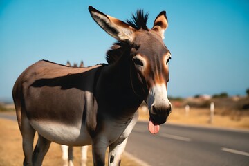 Fototapeta premium Brown donkey with tongue sticking out standing near the road on sunny day