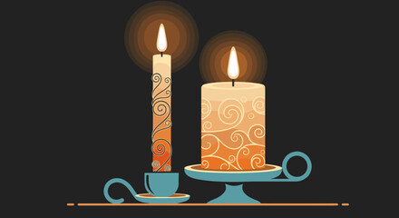 Elegant illuminated candles glow with warm ambiance and decorative swirls on dark background
