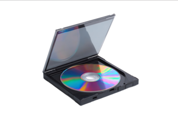 A white background with an open black plastic case and a colorful glass sticker on the front displaying the inside cover of a CD or DVD in a highdefinition p