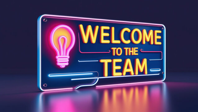 Welcome to the team written on label. Neon icon. Advertising sign. Vector stock illustration.Well Done text Neon Style, Design Elements
