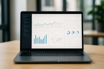 Business analytics dashboard with graphs on laptop screen in modern office with natural light and blurred background for creative workspace use. Ai generative