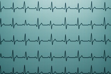 Repeating heartbeat waveform pattern on light blue grid background illustrating medical health monitoring concept in stylized graphic style. Ai generative
