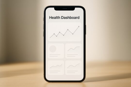 Smartphone displaying a health dashboard with charts on light background, emphasizing wellness tracking and data visualization concept. Ai generative - Powered by Adobe