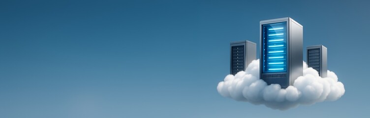 Cloud computing concept with futuristic server towers floating on a fluffy cloud against a clean blue background with copy space on left side. Ai generative