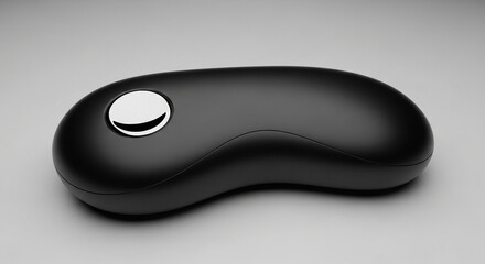 A black, ergonomic computer mouse with a silver trackball is shown. This sleek pointing device, used for interacting with a computer interface, is captured in a product shot.

