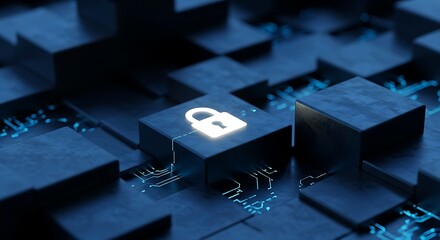 Digital security concept with glowing padlock on dark background with circuits
