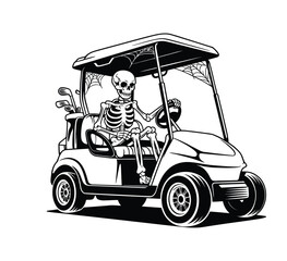 Haunted golf cart with skeleton driver and cobwebs isolated white background vector