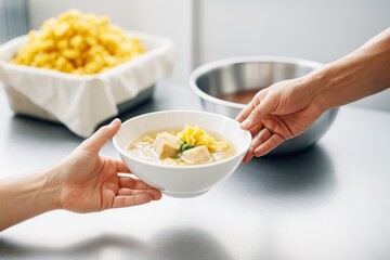 Close-up of one hand passing a bowl of noodle soup to another hand in a kitchen with soft light and a clean background. Ai generative.