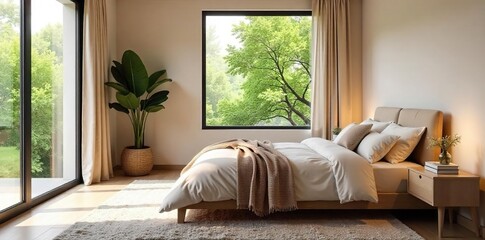 Serene bedroom designed for ultimate relaxation and well-being, featuring calming colors, natural light, and comfortable bedding Perfect for promoting sleep and mental clarity , zen, blue