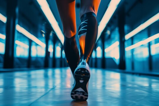Close up of athletic prosthetic leg on faceless runner, minimalist studio background, modern technology theme.