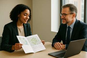 Business professionals discussing urban planning strategy with map brochure in modern office setting, natural light background, creative mood.. Ai generative
