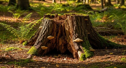 Mossy Tree Stump with Fungi in Sunlit Forest
