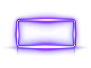 A minimalist electric purple neon frame with smoothly rounded corners, casting an ethereal glow and subtle reflection on a pristine white surface, designed as a modern abstract light element