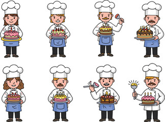 Cute Cartoon Bakers with Cakes, Professional Chefs Holding Delicious Desserts, Sweet Baking Creations, Colorful Cake Decorations, Fun Bakery Illustrations