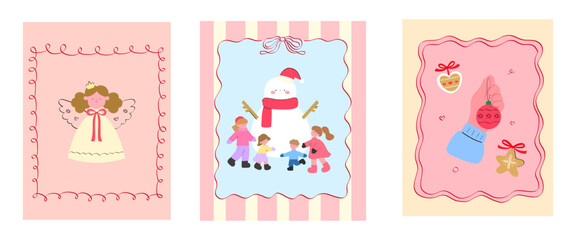 Christmas and New Year poster and background set with angel, kids playing with snowman, ornament in hand and gingerbread with ribbon bow