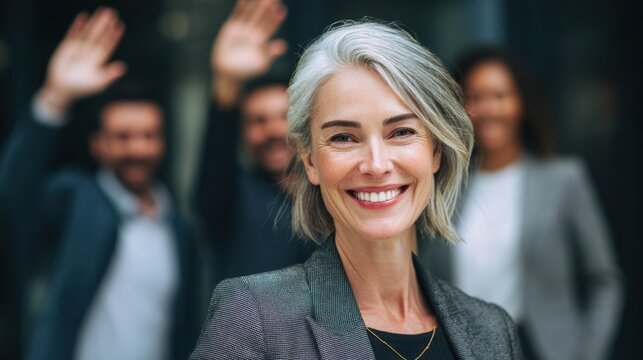 Confident businesswoman smiling while colleagues wave in the background, showcasing teamwork and professional success.