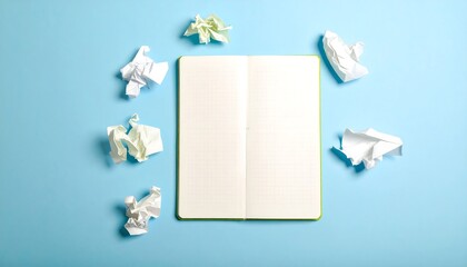 Open notebook surrounded by crumpled paper on a light blue background